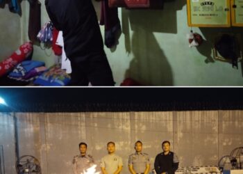 Foto atas: Petugas saat melakukan razia di dalam kamar warga binaan. 
Foto bawah: Kepala Pengamanan Lembaga Pemasyarakatan Ucok Sinabang (nomor 2 dari kiri) bersama petugas memusnahkan barang hasil razia